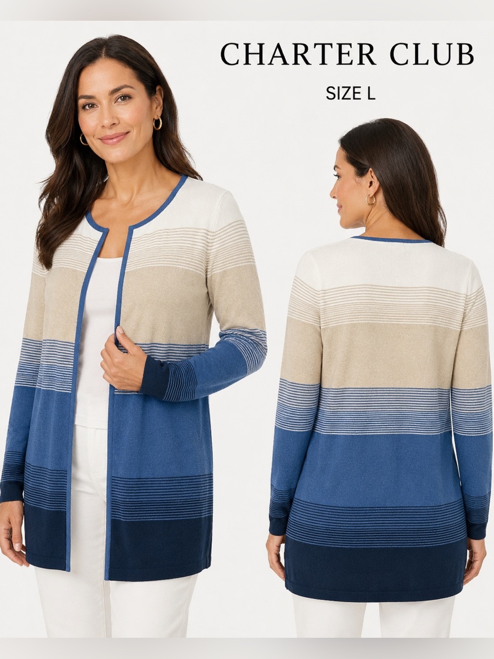 CHARTER CLUB Blue and Beige Striped Women's open cardigan /size L